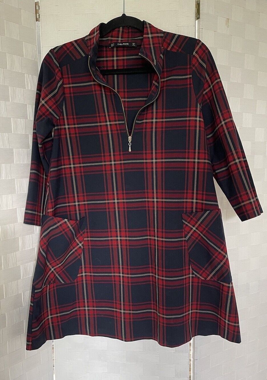 Zara Basic Plaid Women’s Long Sleeve Dress With Pockets Size XS Red And Blue